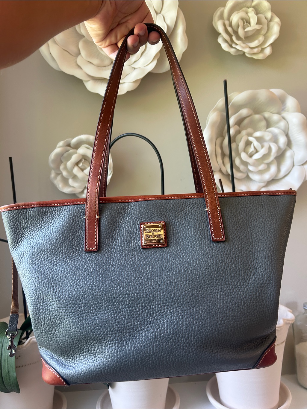 Dooney & Bourke Gray Pebbled Tote With Brown Trim And Handles